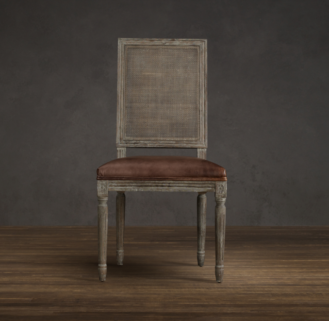 Vintage French Cane Back Square Leather Side Chair 