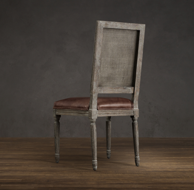 Vintage French Cane Back Square Leather Side Chair 