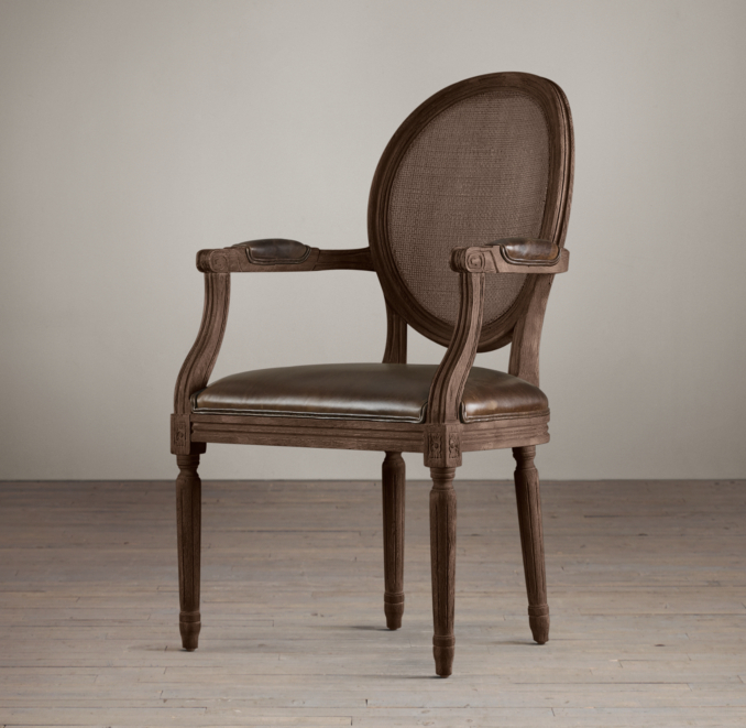 Vintage French Cane Back Round Leather Armchair 