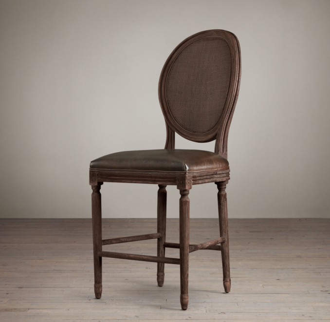 Vintage French Cane Back Round Leather Counter Stool 