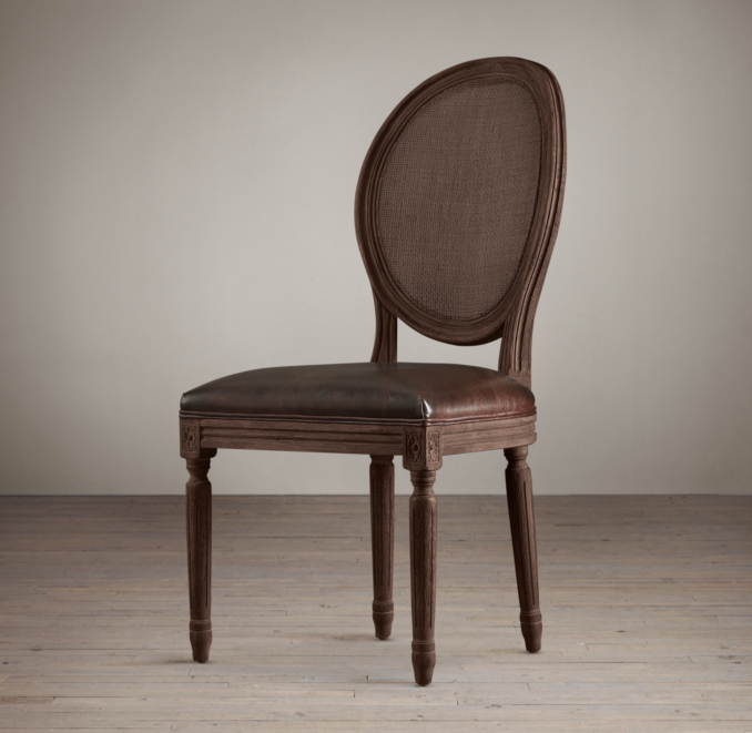 Vintage French Cane Back Round Leather Side Chair 