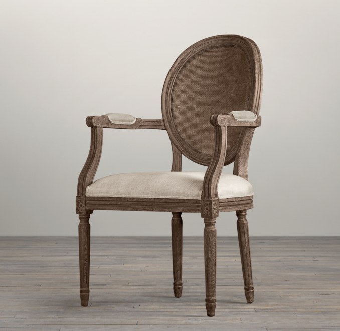 Vintage French Cane Back Round Upholstered Armchair 