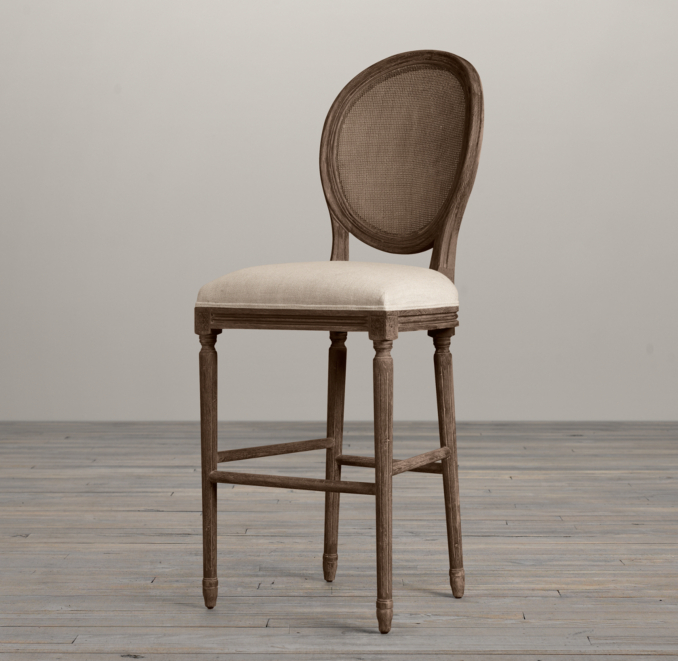 Vintage French Cane Back Round Upholstered Barstool