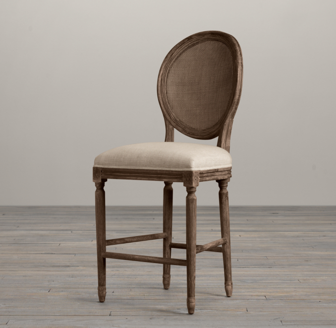 Vintage French Cane Back Round Upholstered Counter Stool 