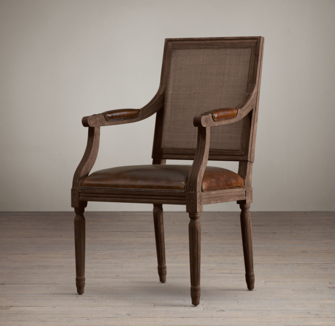 Vintage French Cane Back Square Leather Armchair 