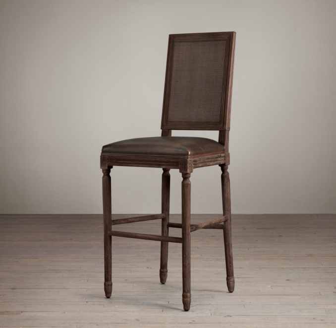 Vintage French Cane Back Square Leather Barstool 