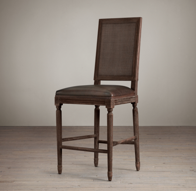 Vintage French Cane Back Square Leather Counter Stool