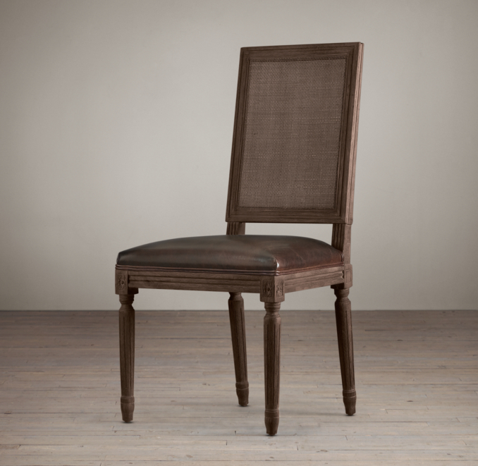Vintage French Cane Back Square Leather Side Chair 