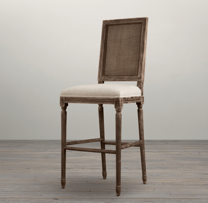 Vintage French Cane Back Square Upholstered Barstool 