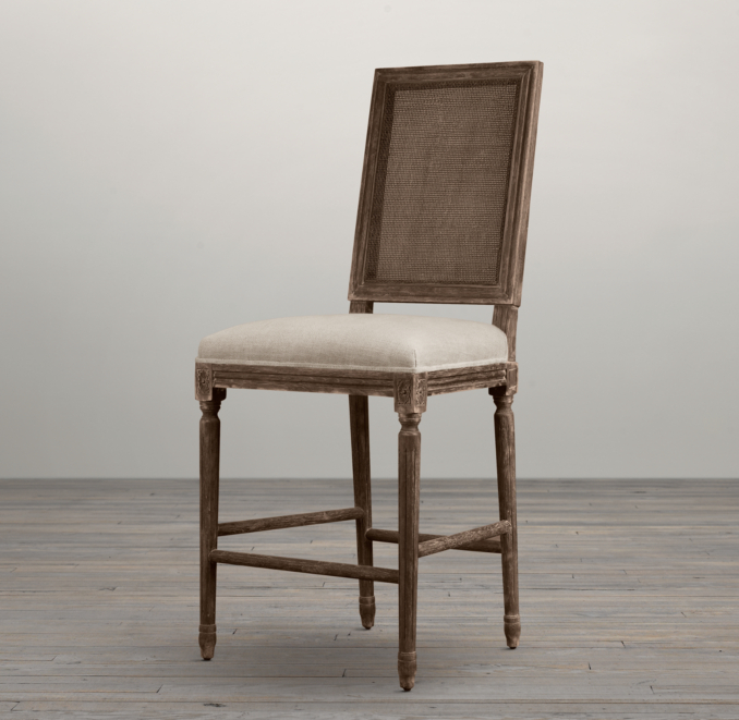Vintage French Cane Back Square Upholstered Counter Stool 