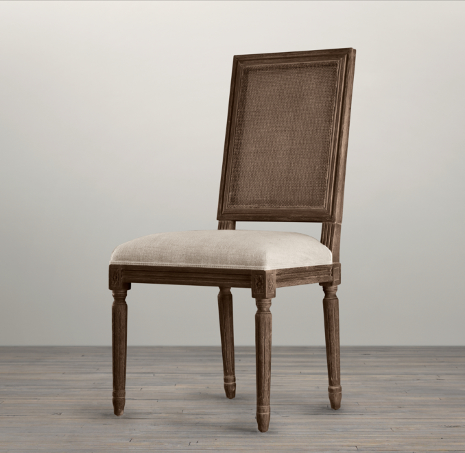 Vintage French Cane Back Square Upholstered Side Chair 