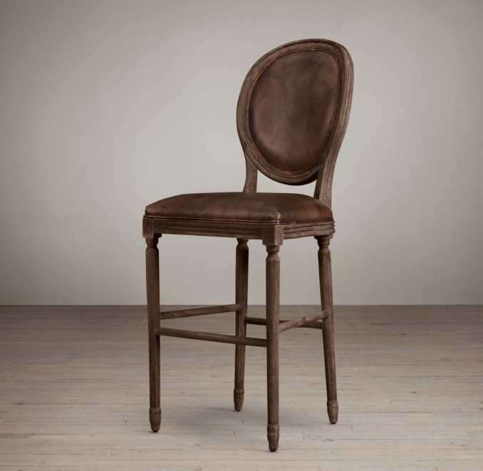 Vintage French Round Leather Barstool 