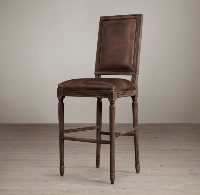 Vintage French Square Leather Barstool 