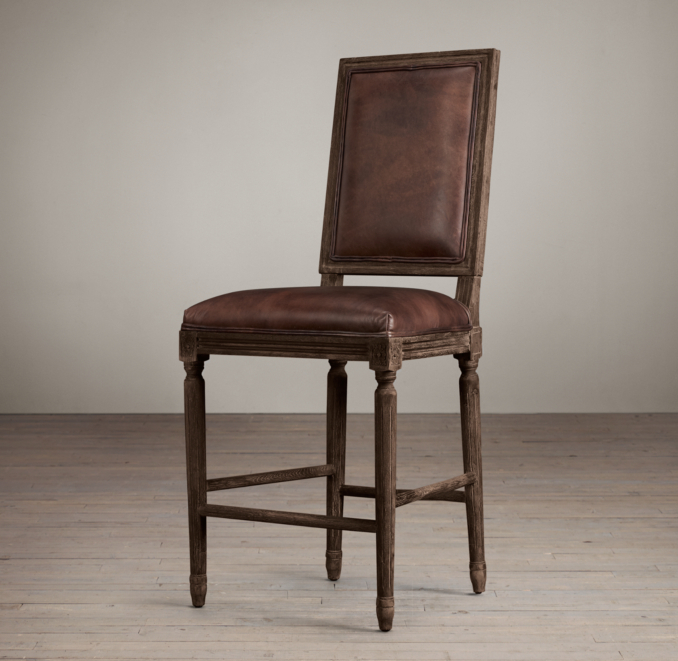Vintage French Square Leather Counter Stool 