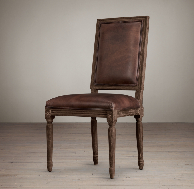Vintage French Square Leather Side Chair 