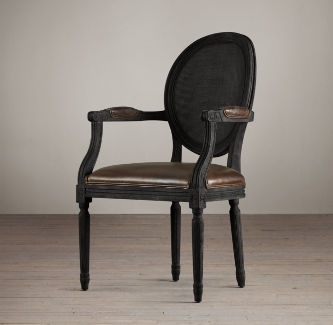 Vintage French Cane Back Round Leather Armchair 