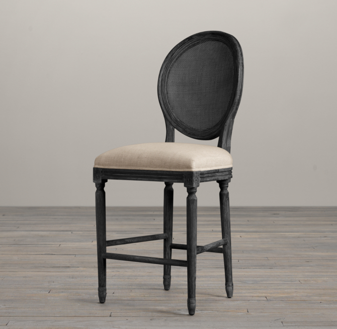 Vintage French Cane Back Round Upholstered Counter Stool