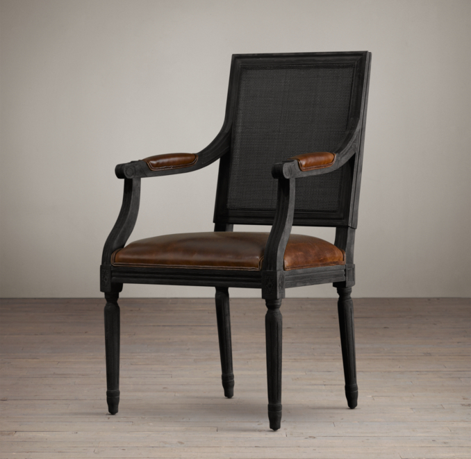 Vintage French Cane Back Square Leather Armchair 