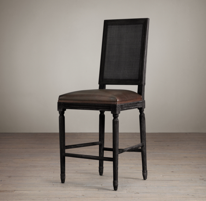Vintage French Cane Back Square Leather Counter Stool 
