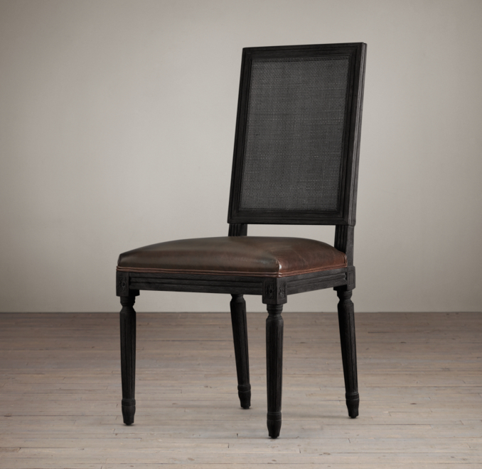 Vintage French Cane Back Square Leather Side Chair 
