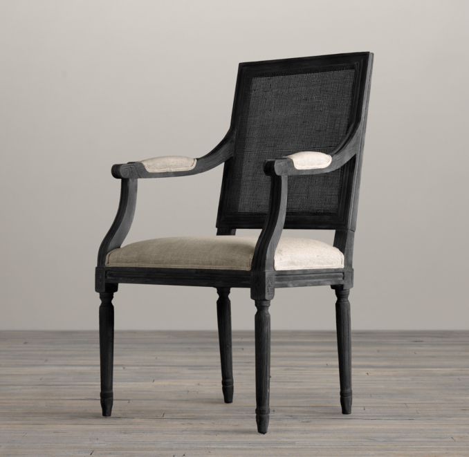 Vintage French Cane Back Square Upholstered Armchair