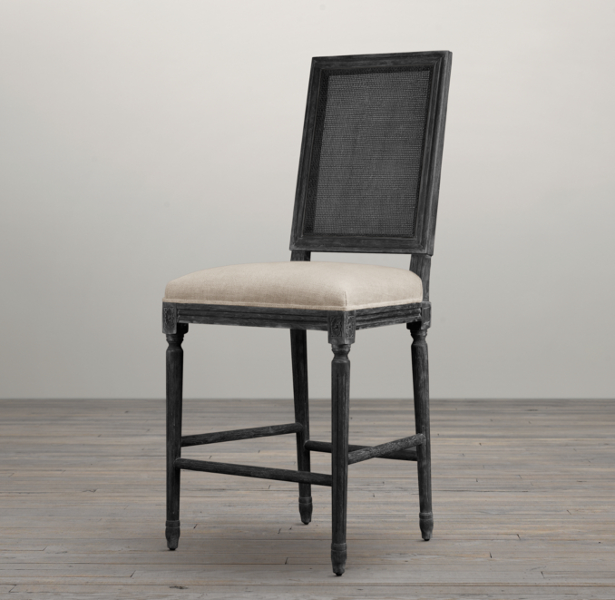 Vintage French Cane Back Square Upholstered Counter Stool 