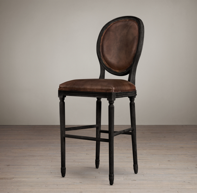 Vintage French Round Leather Barstool 