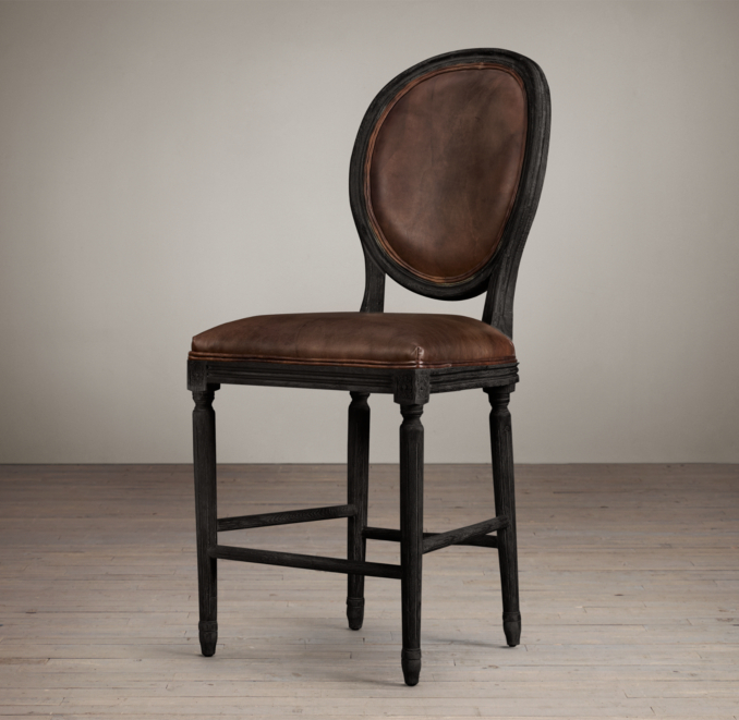 Vintage French Round Leather Counter Stool 
