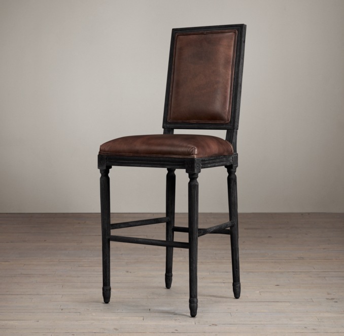 Vintage French Square Leather Barstool 