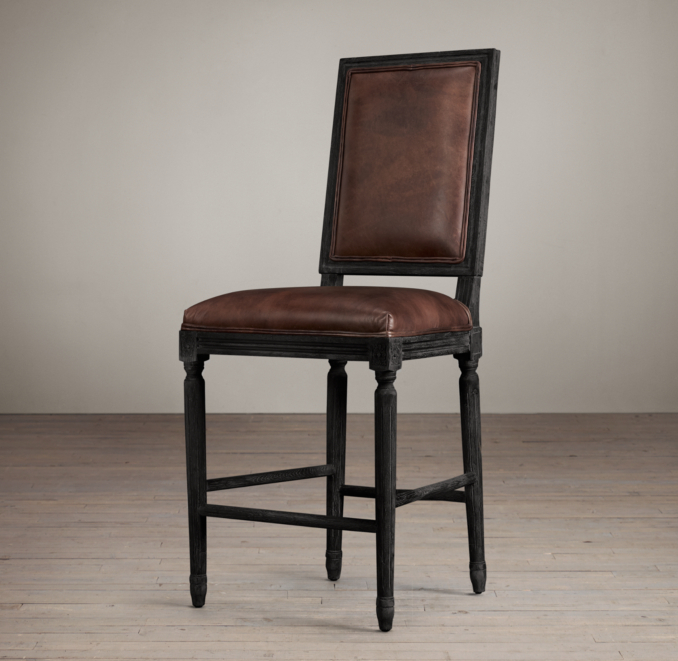 Vintage French Square Leather Counter Stool 