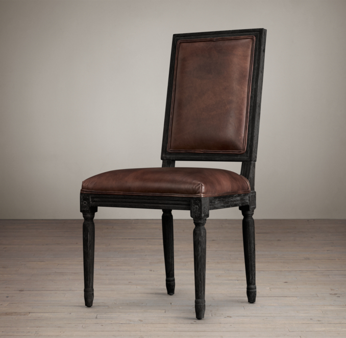 Vintage French Square Leather Side Chair 