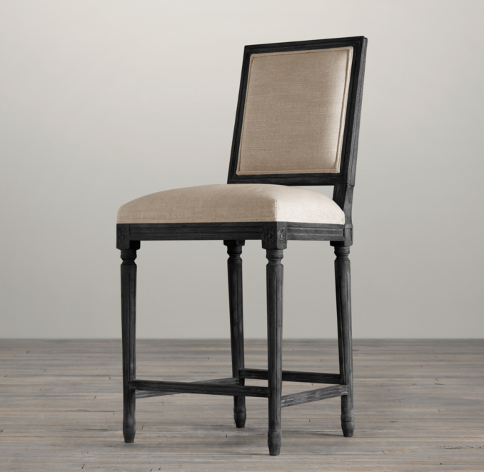 Vintage French Square Upholstered Counter Stool 