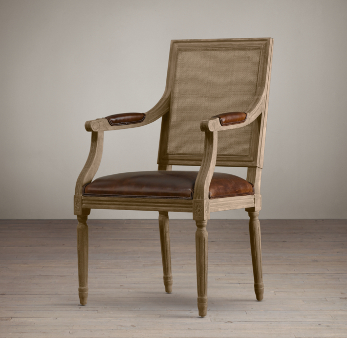 Vintage French Cane Back Square Leather Armchair