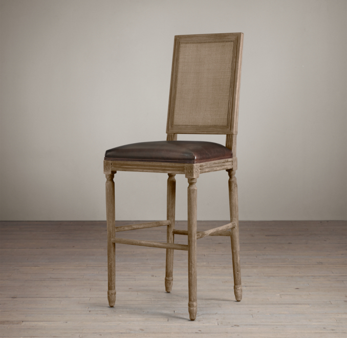 Vintage French Cane Back Square Leather Barstool 