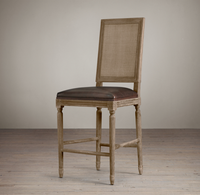 Vintage French Cane Back Square Leather Counter Stool 