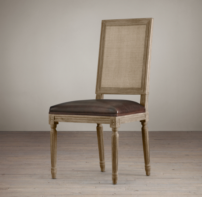 Vintage French Cane Back Square Leather Side Chair 