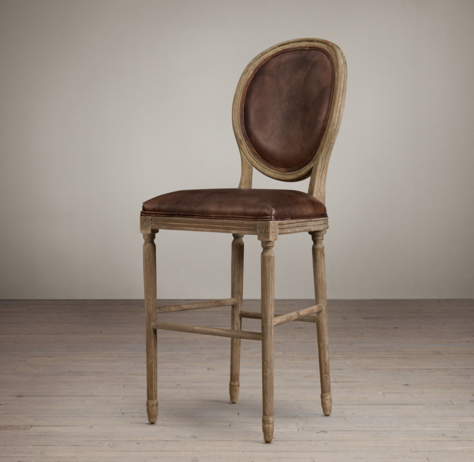 Vintage French Round Leather Barstool 