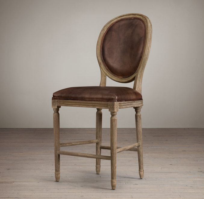 Vintage French Round Leather Counter Stool 