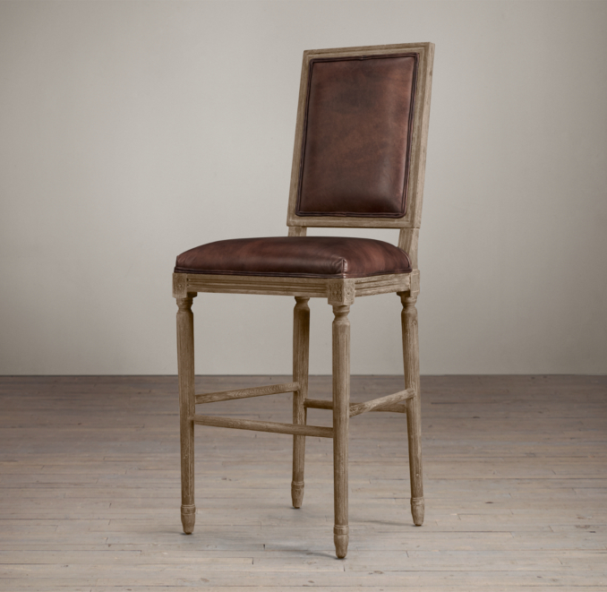 Vintage French Square Leather Barstool