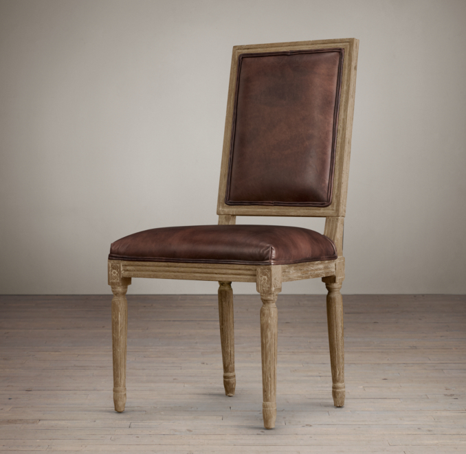 Vintage French Square Leather Side Chair 