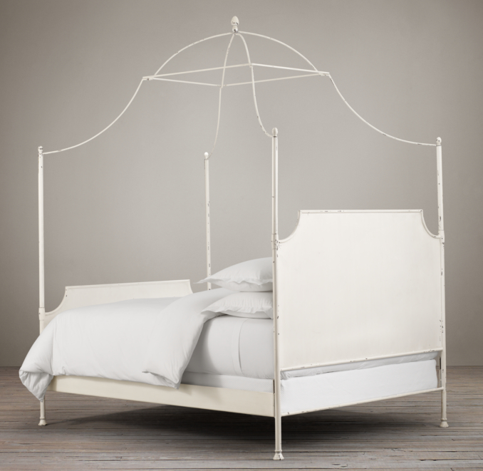 19th C. Campaign Iron Canopy Bed Distressed White