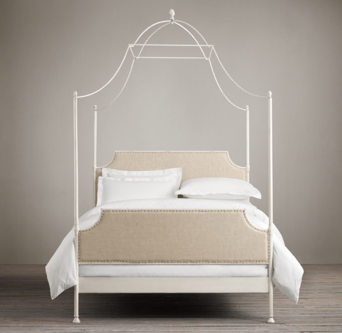19th C. Campaign Upholstered Iron Canopy Bed Distressed White