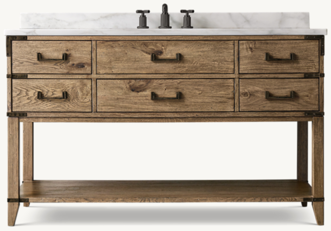 Shown in Waxed Natural Oak/Bronze with Italian Calacatta Marble countertop. Featured with Lambeth Knurled Cross-Handle Low-Profile Widespread Faucet.