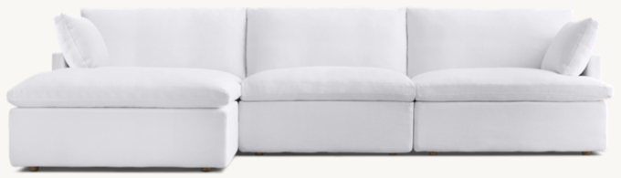 Shown in White Washed Belgian Flax Linen; sectional consists of 1 left-arm chair, 1 end-of-sectional ottoman, 1 armless chair and 1 right-arm chair. Cushion configuration may vary by component.
