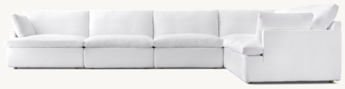 Shown in White Washed Belgian Flax Linen; sectional consists of 1 left-arm chair, 3 armless chairs, 1 corner chair and 1 right-arm chair. Cushion configuration may vary by component.