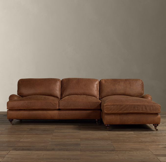 English Roll Arm Leather Right-Arm Sofa Chaise Sectional