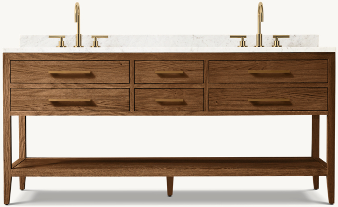 72&#34; washstand shown in Coffee Oak/Satin Aged Brass with Italian Carrara Marble countertop. Featured with Sutton Lever-Handle 8&#34; Widespread Faucet.