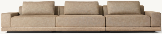 Shown in Mocha Perennials&#174; Performance Textured Linen Weave with Weathered Teak finish. Modular sofa sectional consists of 1 left-arm chair, 1 right-arm chair and 1 armless chair.