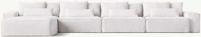 Shown in White Washed Belgian Flax Linen; sectional consists of 1 left-arm chair, 2 armless chairs, 1 right-arm chair and 1 end-of-sectional ottoman. Cushion configuration may vary by component.