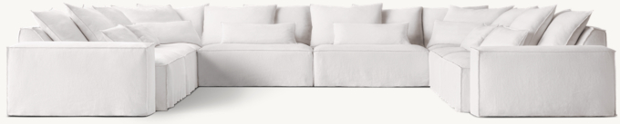 Shown in White Washed Belgian Flax Linen; sectional consists of 1 left-arm chair, 4 armless chairs, 2 corner chairs and 1 right-arm chair. Cushion configuration may vary by component.